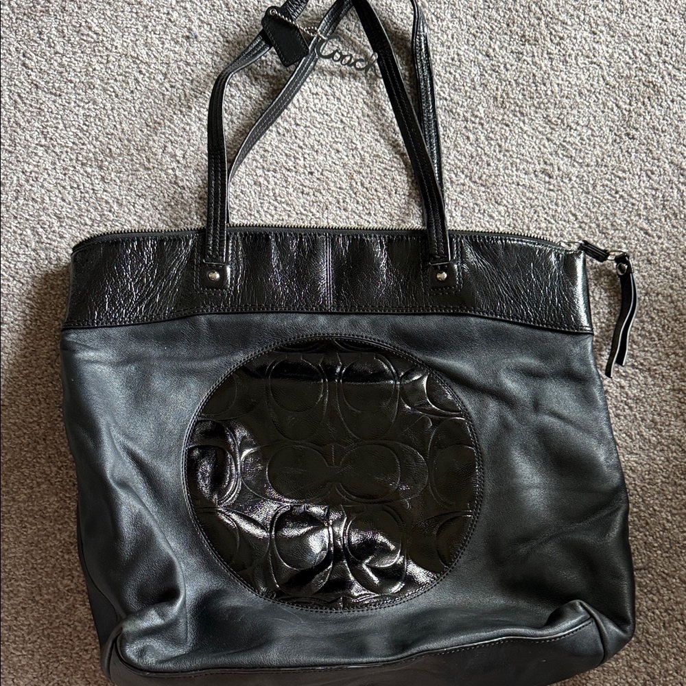 Vintage Coach Black Leather Tote with Signature Gloss Circle